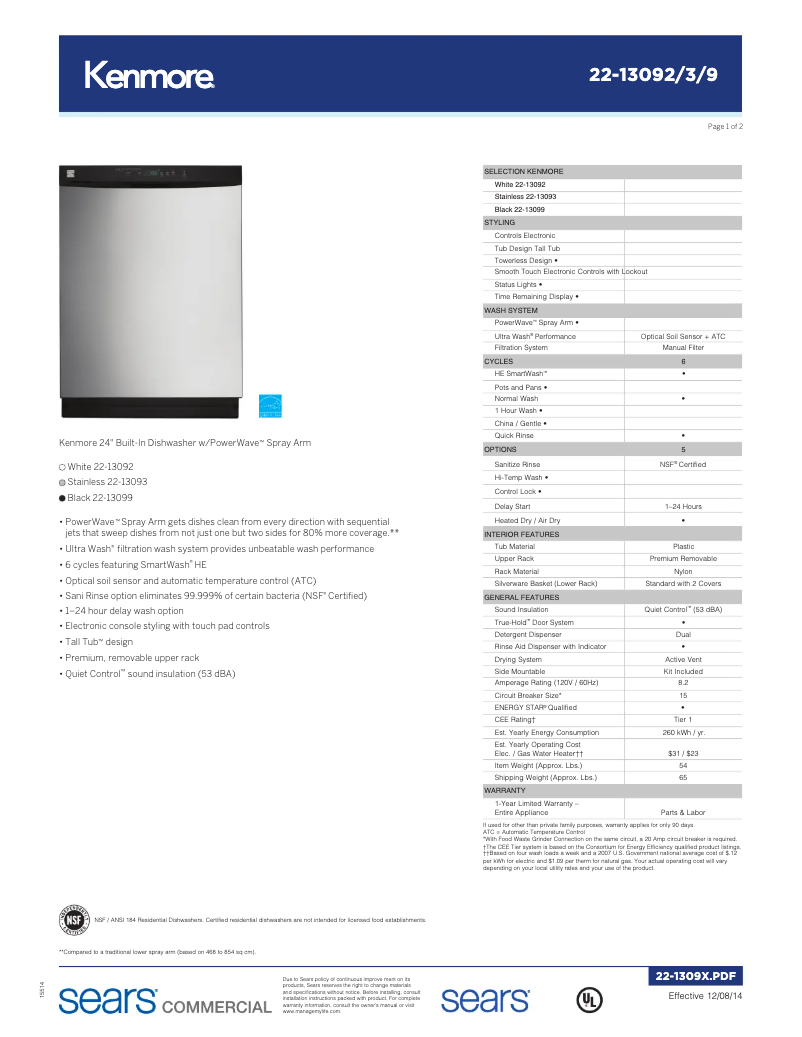 Page 1 de la notice Fiche technique Kenmore 13099