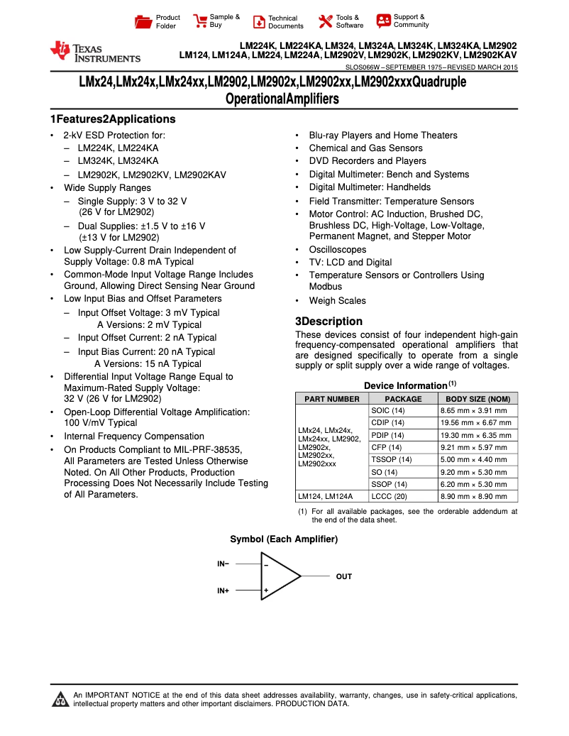 Page 1 de la notice Manuel utilisateur Texas Instruments LM2902D