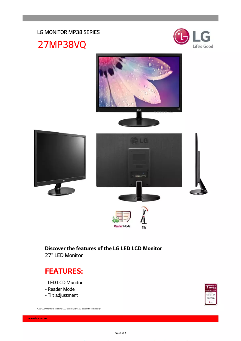 Page 1 de la notice Fiche technique LG 27MP38VQ-B