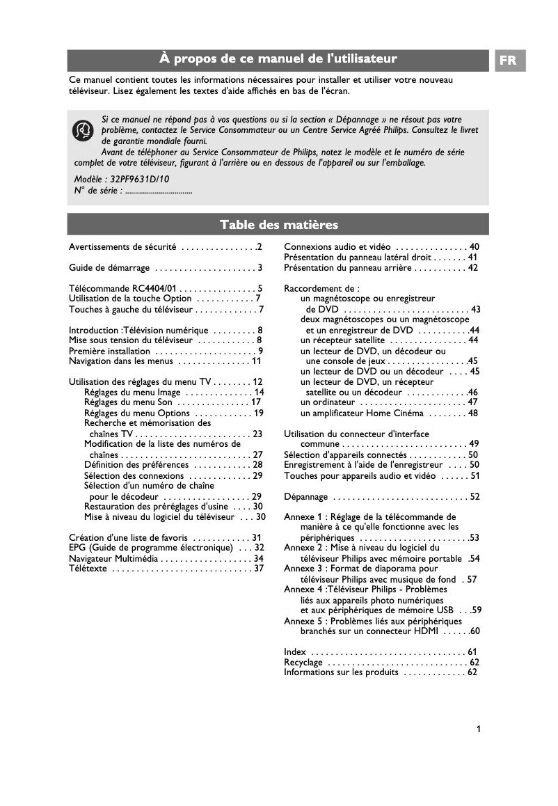 Page 1 de la notice Manuel utilisateur Philips Cineos 32PF9631D