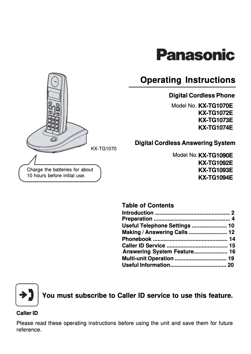 Imagen de la primera página del manual del dispositivo KX-TG1072