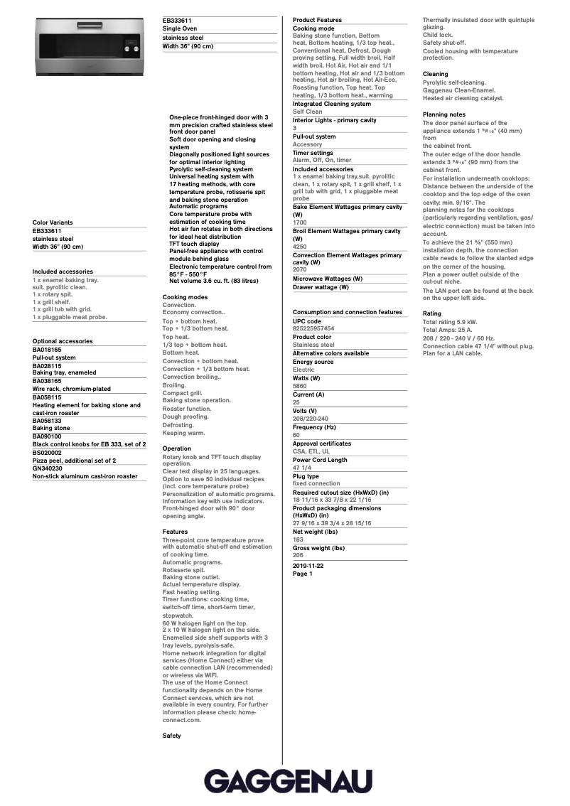 Page 1 de la notice Fiche technique Gaggenau EB333611