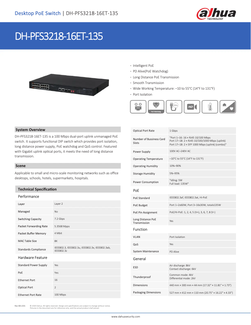 Page 1 de la notice Fiche technique Dahua Technology PFS3218-16ET-135