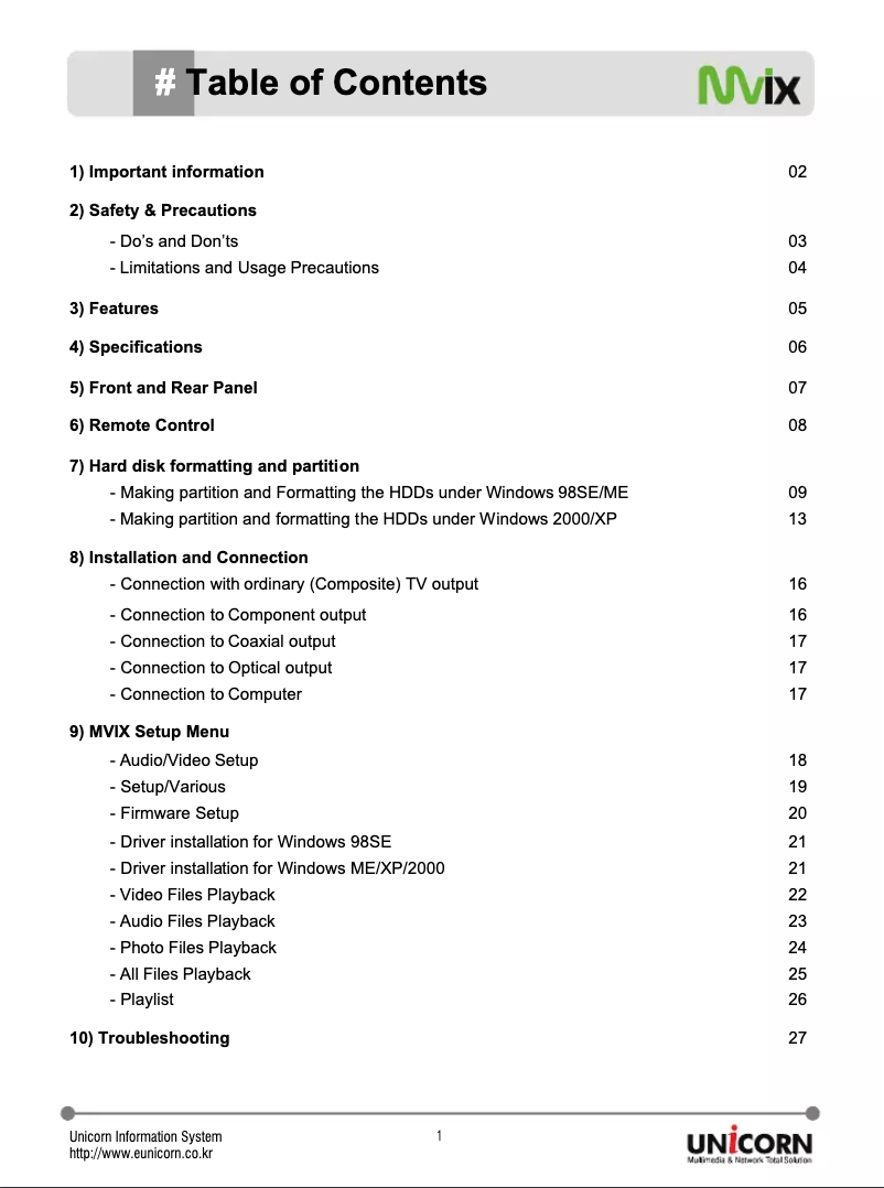 Page n°1 - Manuel utilisateur Mvix MV2500U-120