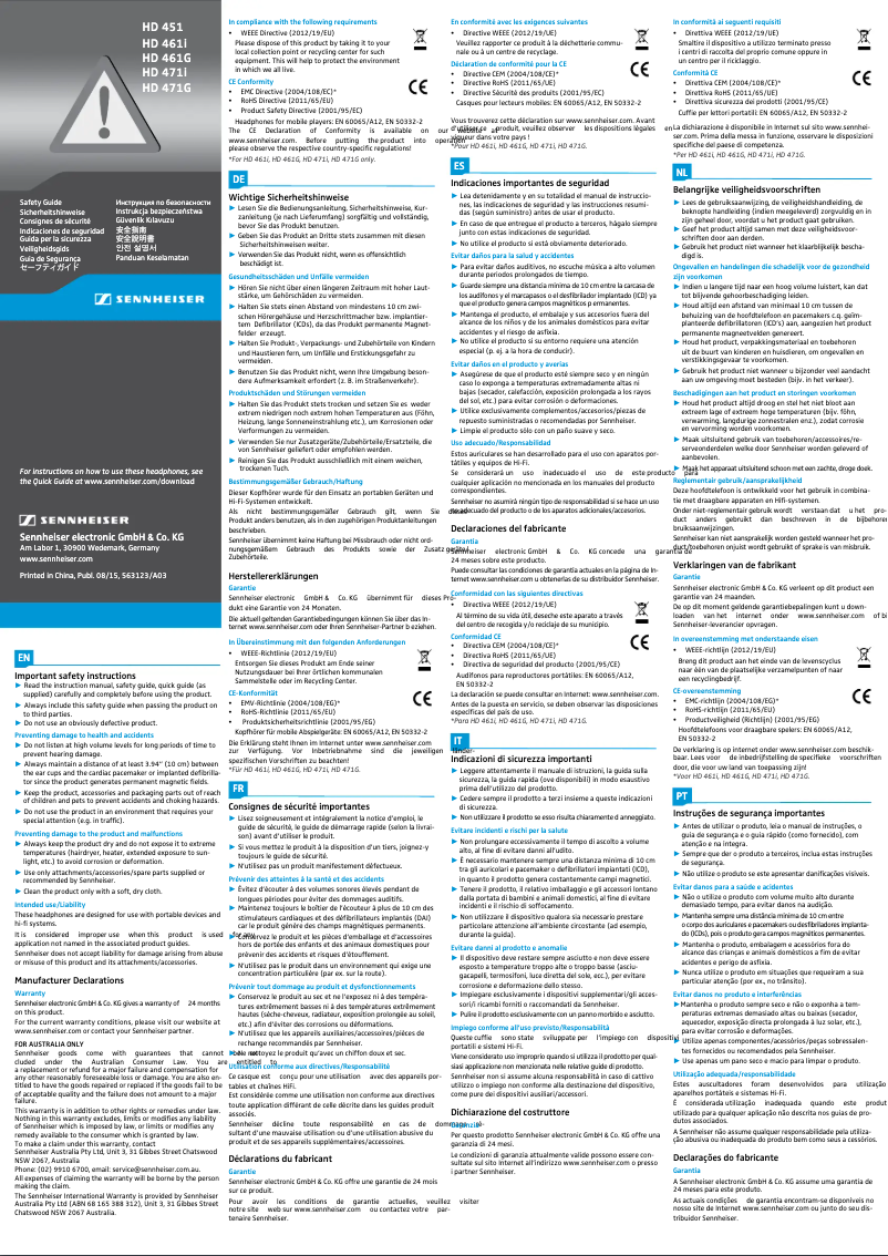 Page n°1 - Instructions de sécurité Sennheiser HD 461