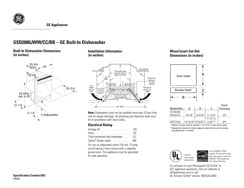 Page 1 de la notice Fiche technique GE GSD2000JBB