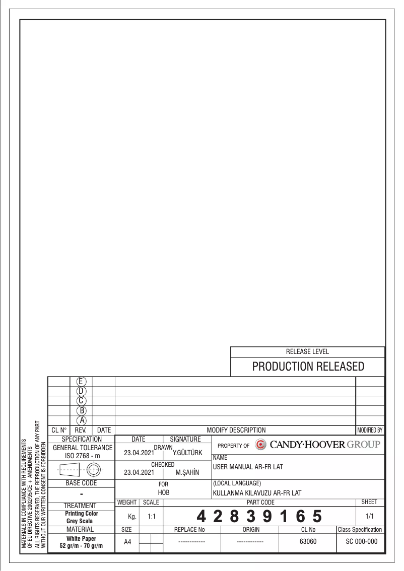 Page n°1 - Manuel utilisateur Candy CHG6LX-MAR