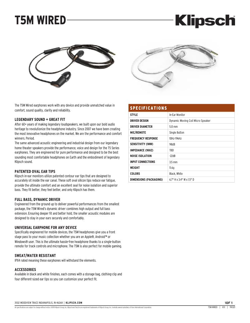 Page n°1 - Fiche technique Klipsch T5M