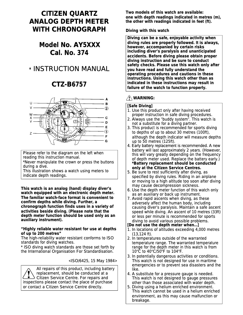 Page n°1 - Manuel utilisateur Citizen Cal 374X
