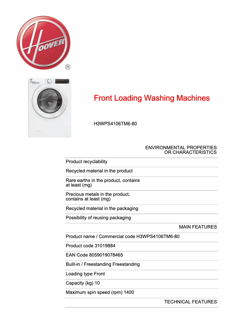 Page 1 de la notice Fiche technique Hoover H3WPS4106TM6-80