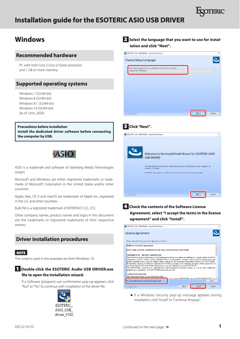 Page 1 de la notice Guide d'installation Esoteric N-01XD
