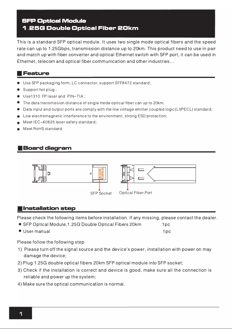 Image de la première page du manuel de l'appareil SFP-1.25G-20KM