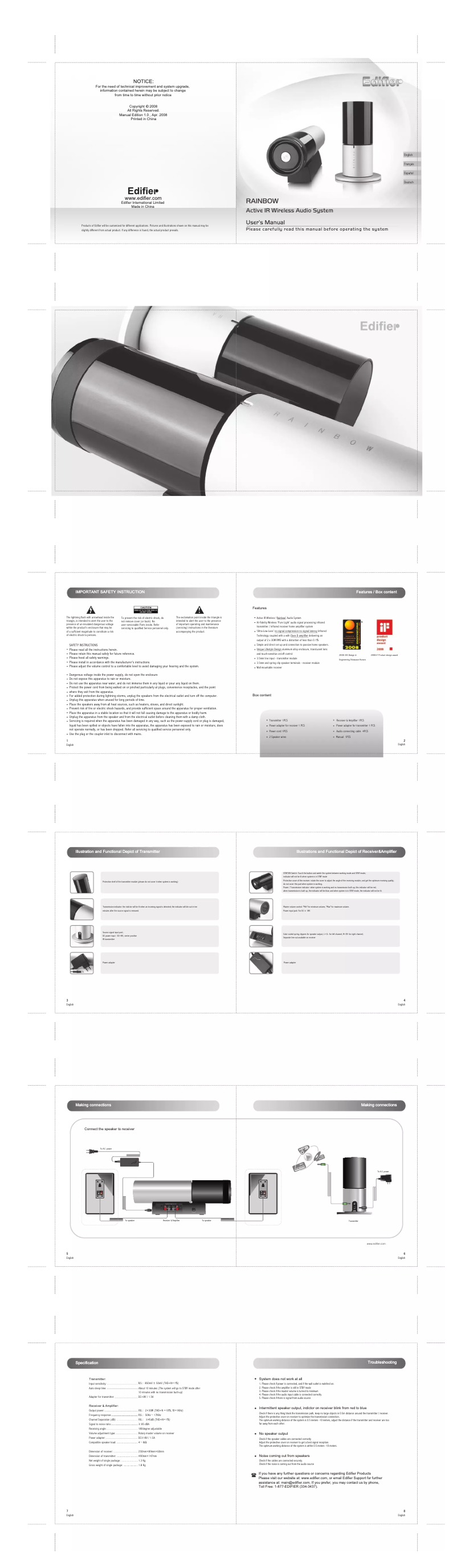 Page 1 de la notice Manuel utilisateur Edifier Rainbow