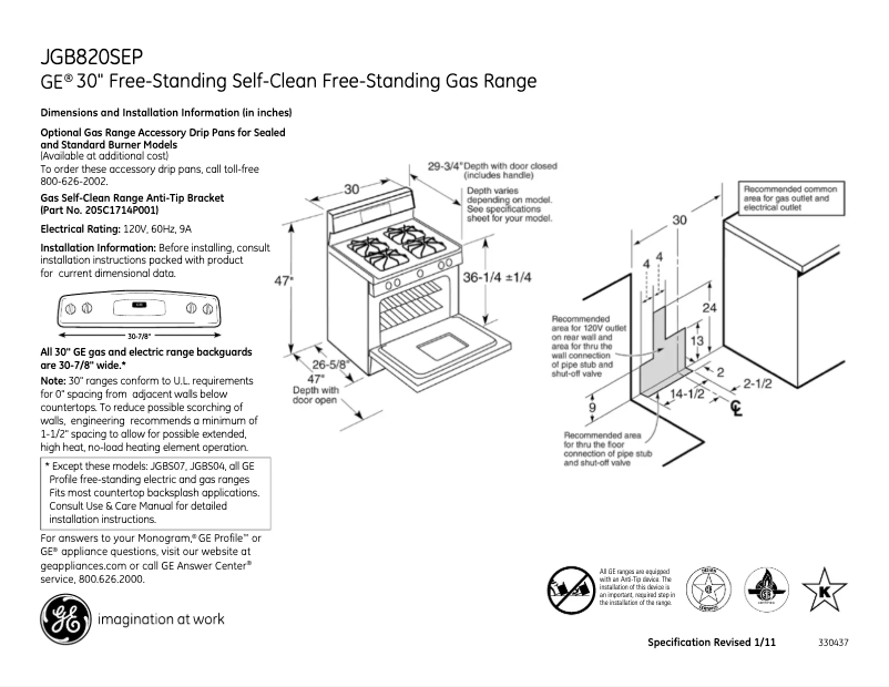 Page 1 de la notice Fiche technique GE JGB820SEPSS