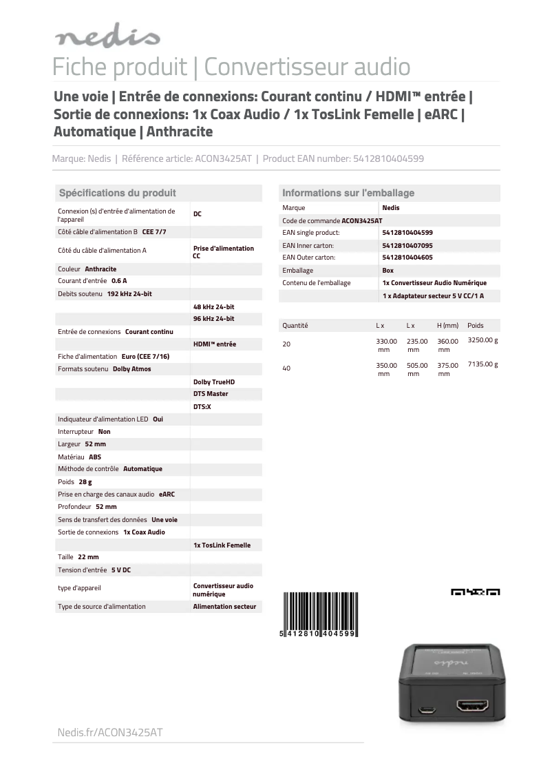 Page 1 de la notice Manuel utilisateur Nedis ACON3425AT