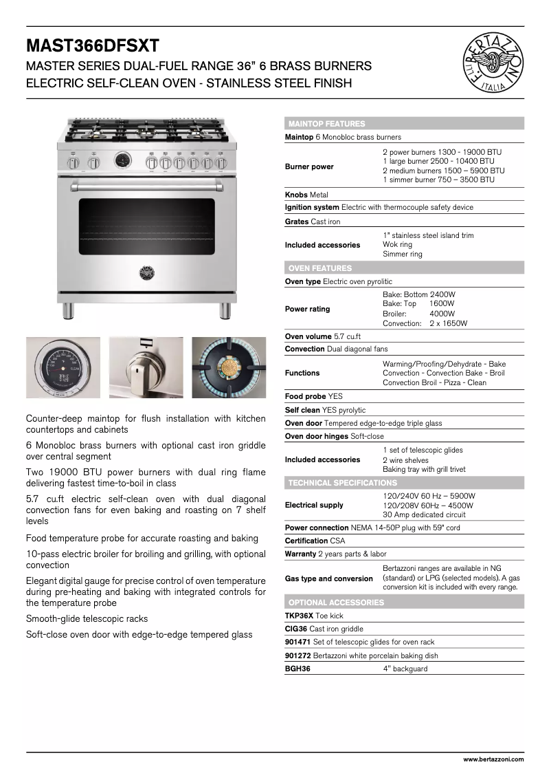 Page 1 de la notice Fiche technique Bertazzoni MAST366DFSXT