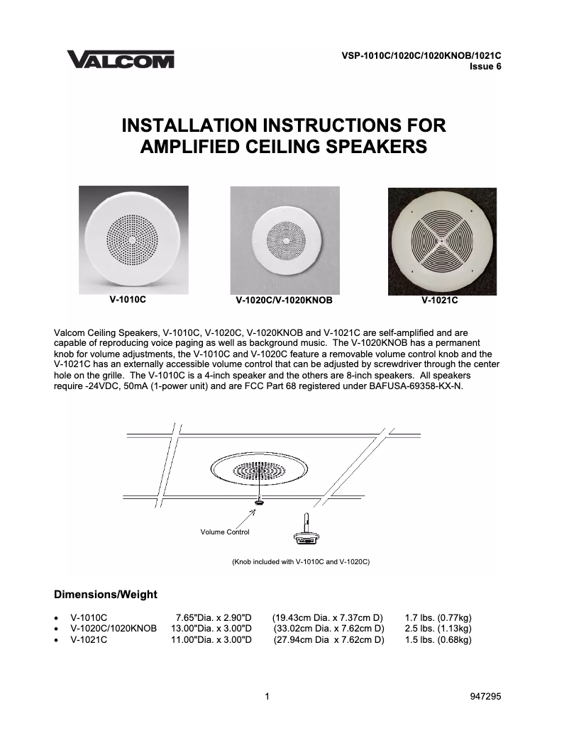 Page n°1 - Manuel utilisateur Valcom V-1020knob