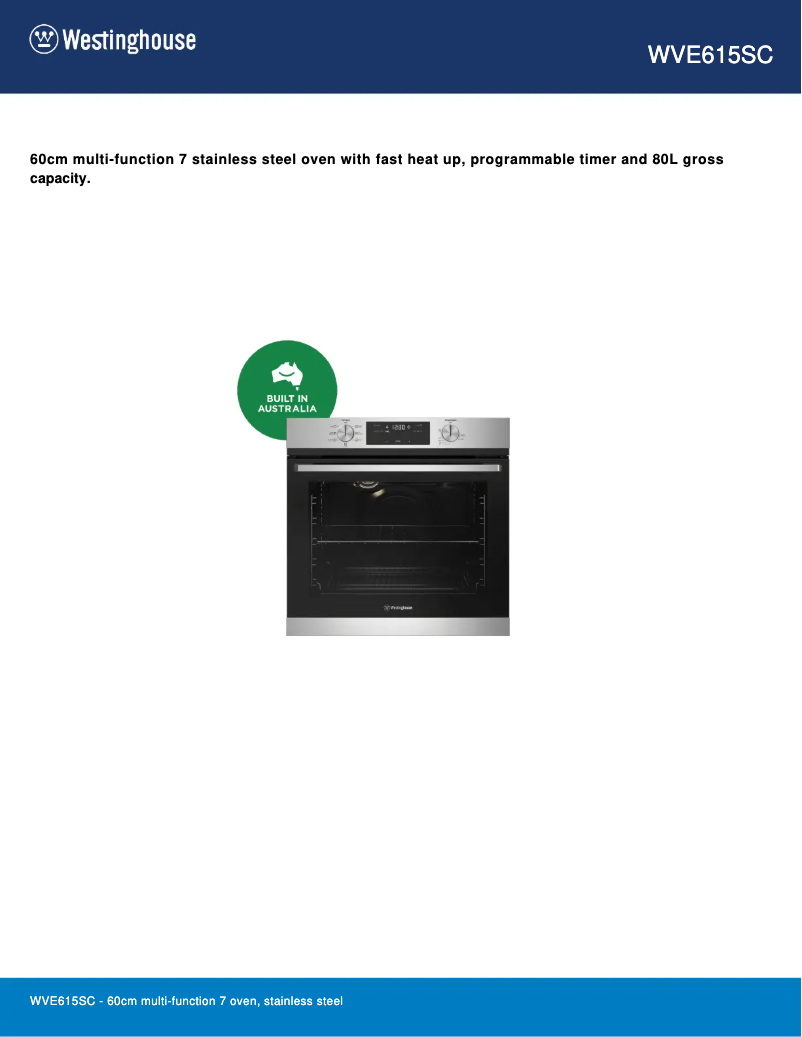 Page 1 de la notice Fiche technique Westinghouse WVE615SC