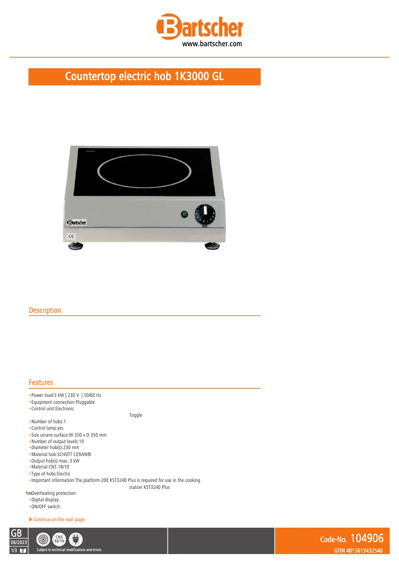 Page 1 de la notice Fiche technique Bartscher 1K3000 GL