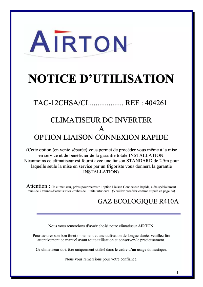 Page n°1 - Manuel utilisateur Airton TAC 12 CHSA/CI