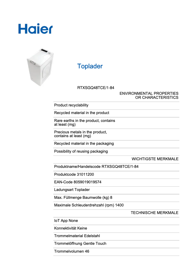 Page 1 de la notice Label énergétique Haier RTXSGQ48TCE/1-84