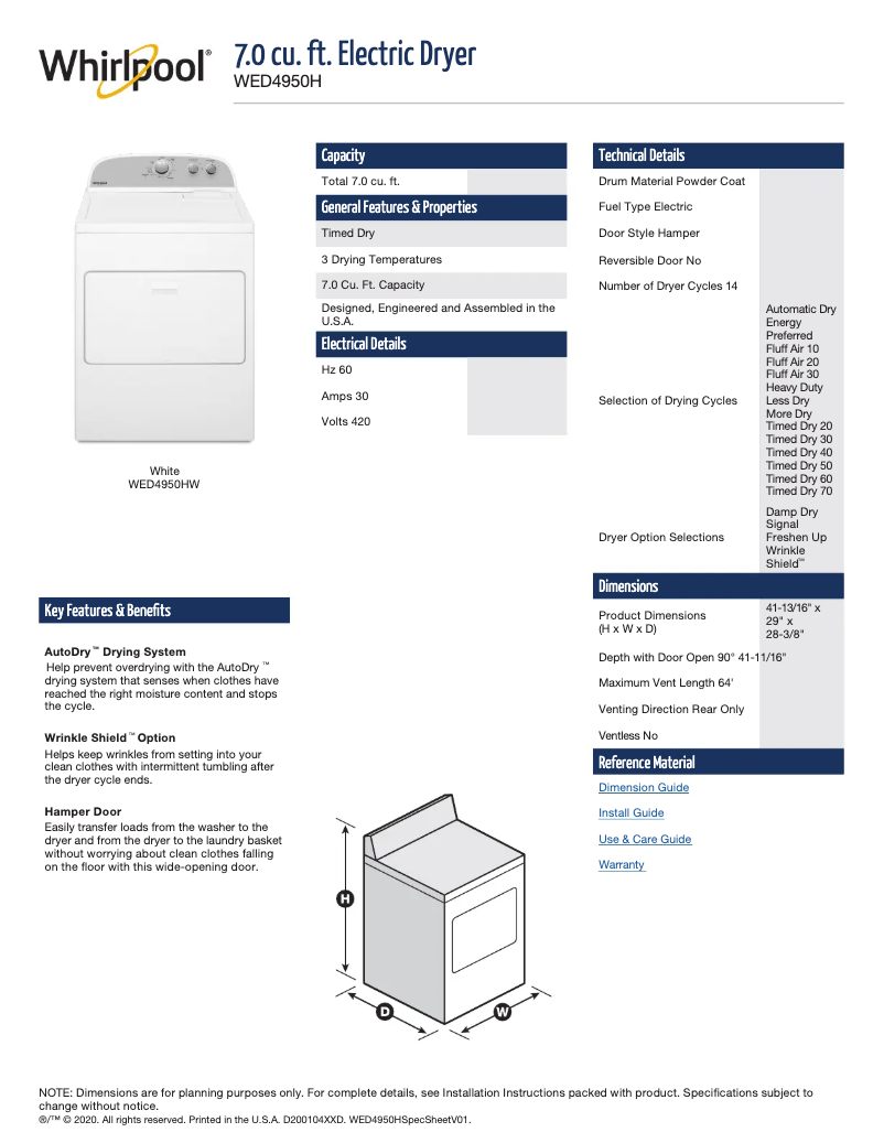Page n°1 - Fiche technique Whirlpool WED4950HW