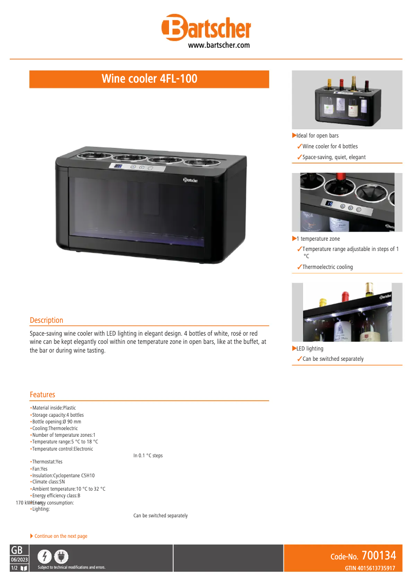 Page 1 de la notice Fiche technique Bartscher 4FL-100