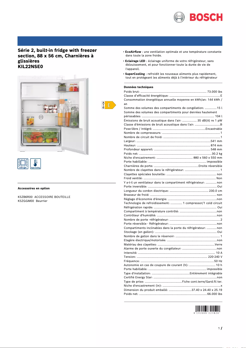 Página 1 del manual Ficha técnica Bosch KIL22NSE0
