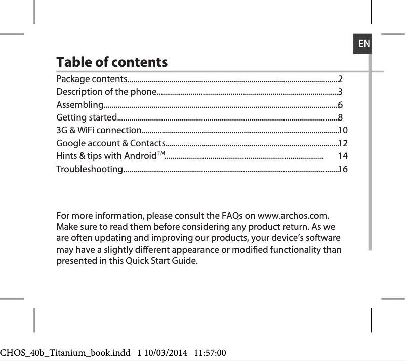 Page 1 de la notice Manuel utilisateur Archos 40b Titanium Surround