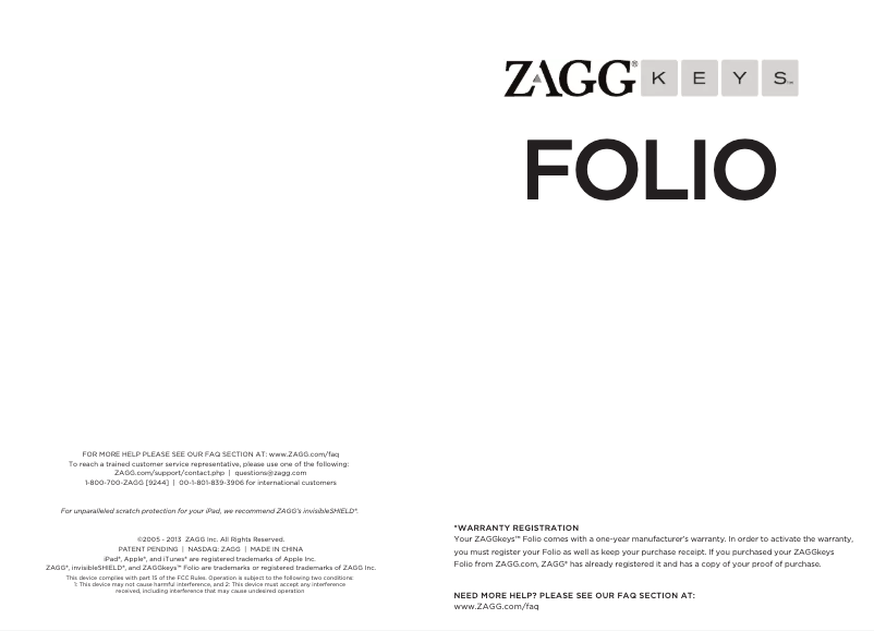 Page 1 de la notice Manuel utilisateur Zagg Folio Keyboard