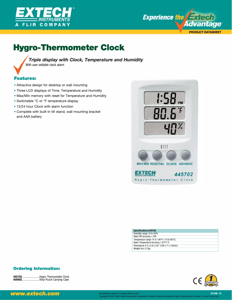 Page 1 de la notice Fiche technique Extech 445702