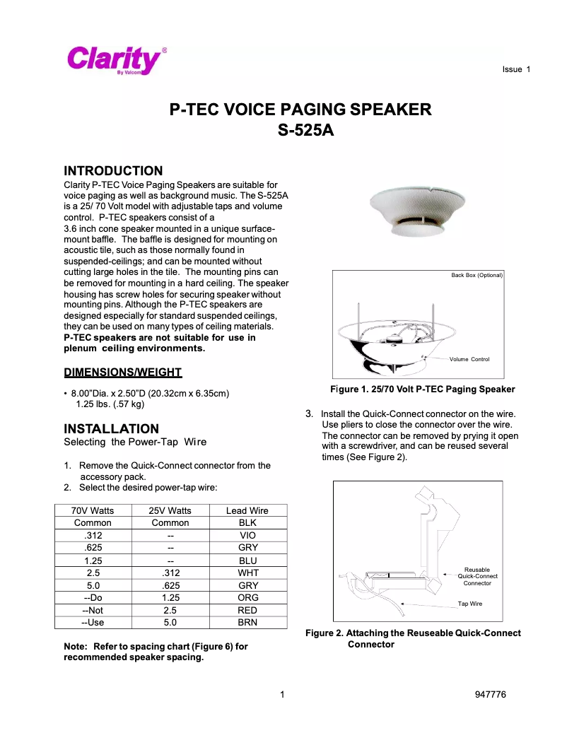 Page 1 de la notice Manuel utilisateur Clarity P-Tec S-525A