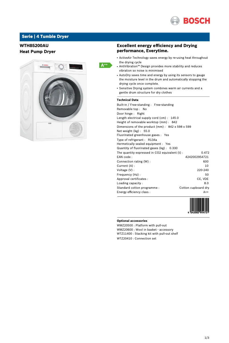 Página 1 del manual Ficha técnica Bosch WTH85200AU