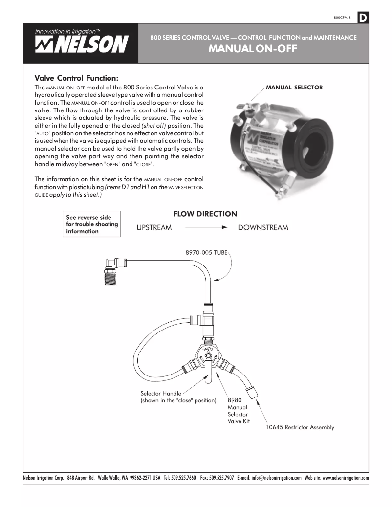 Page n°1 - Manuel utilisateur Nelson 800 Series On/Off Valves