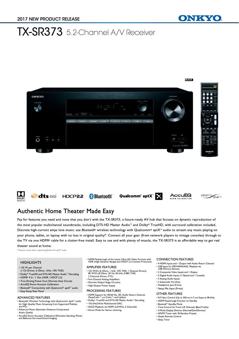 Page 1 de la notice Fiche technique Onkyo TX-SR373