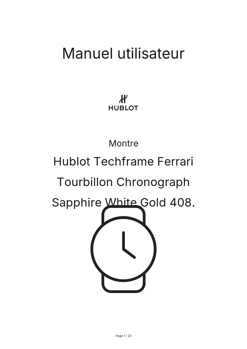 Image de la première page du manuel de l'appareil Techframe Ferrari Tourbillon Chronograph Sapphire White Gold 408.