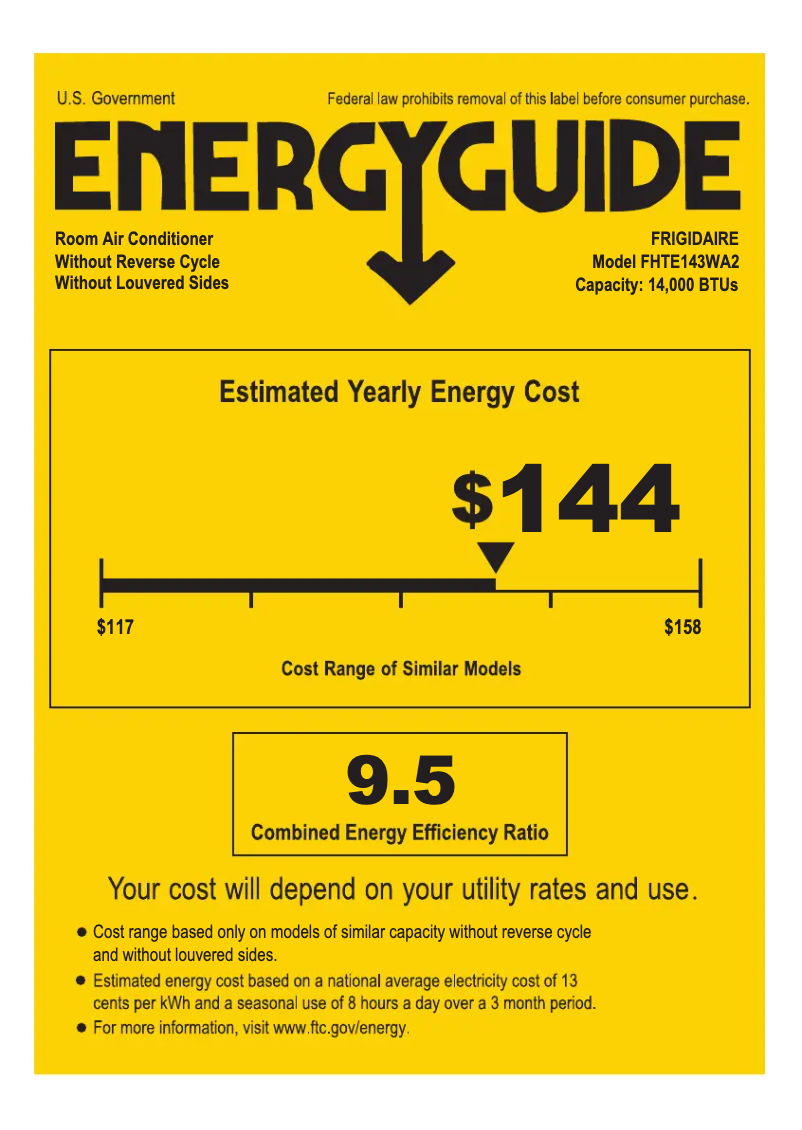 Page 1 de la notice Label énergétique Frigidaire FHTE143WA2