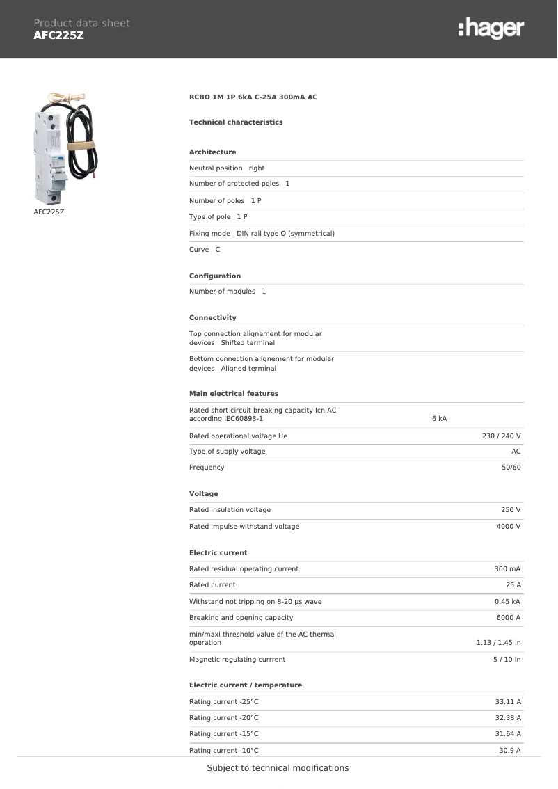 Page 1 de la notice Fiche technique Hager AFC225Z