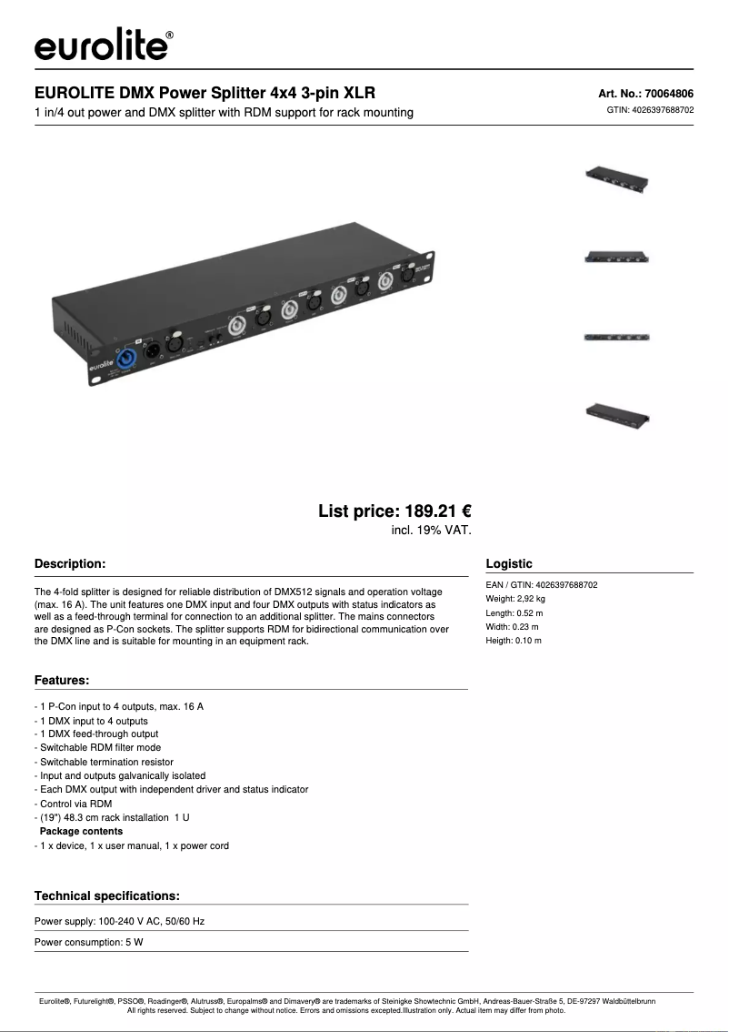 Page n°1 - Fiche technique Eurolite DMX Power Splitter 4x4