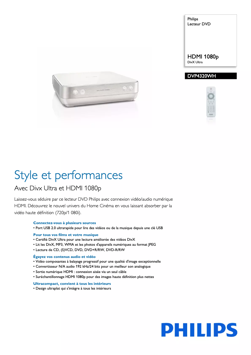 Page 1 de la notice Fiche technique Philips DVP4320WH