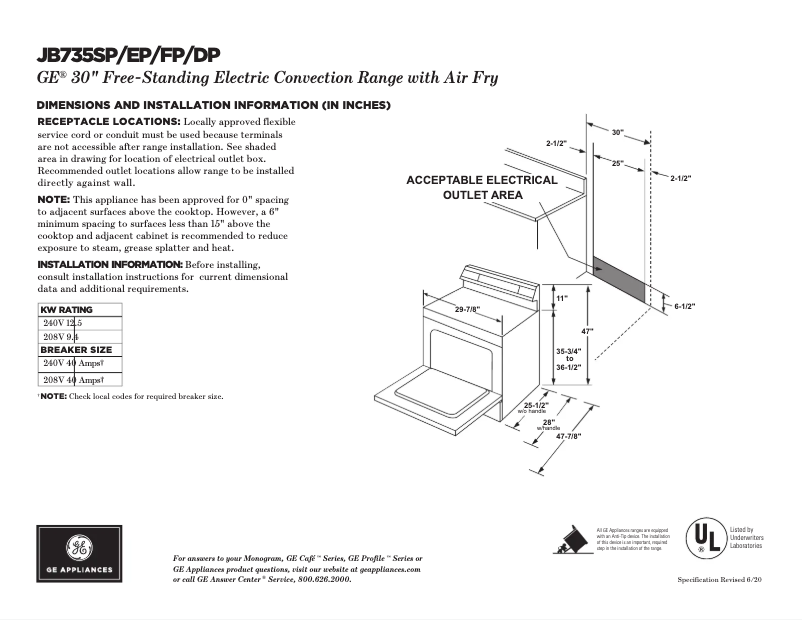Page 1 of the manual Technical Sheet GE JB735EPES