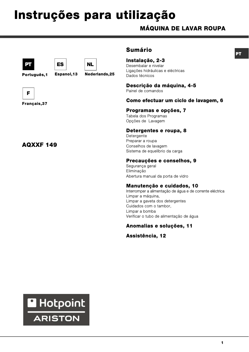 Page n°1 - Manuel utilisateur Hotpoint Ariston AQXXF 149