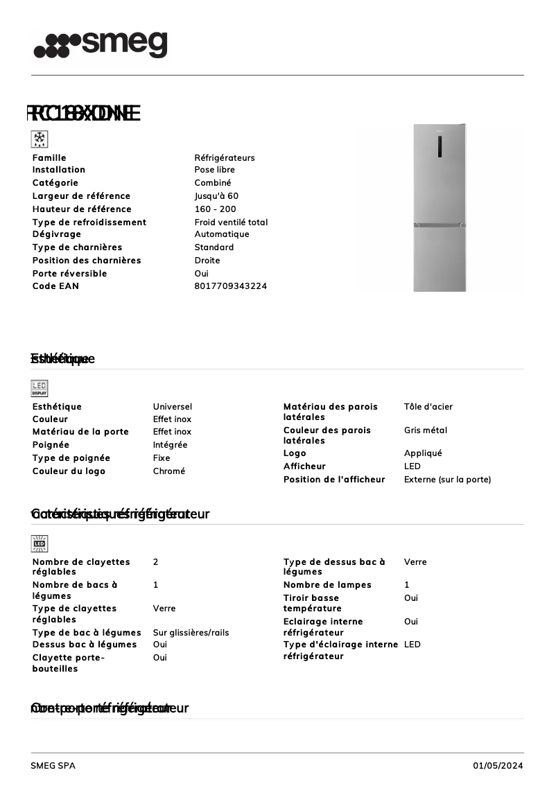 Page 1 de la notice Fiche technique Smeg RC18XDNE