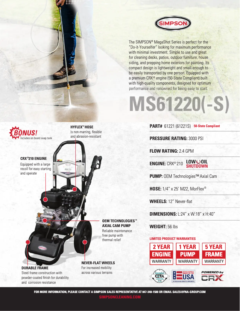 Page 1 de la notice Fiche technique Simpson Megashot MS61221S