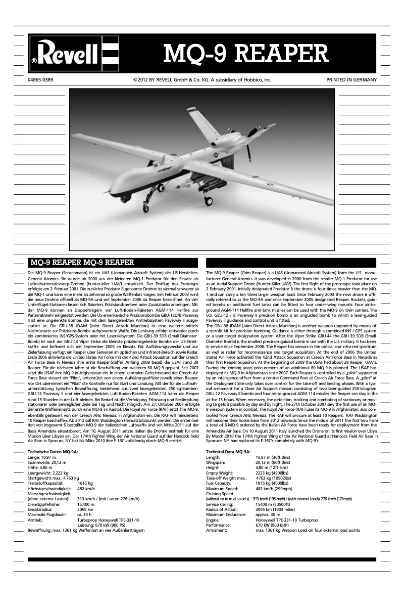 Página 1 del manual Manual de usuario Revell Unmanned Aerial Vehicle MQ-9 REAPER