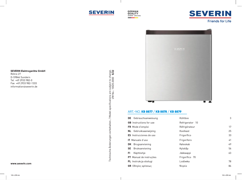 Page n°1 - Manuel utilisateur Severin KB 8878