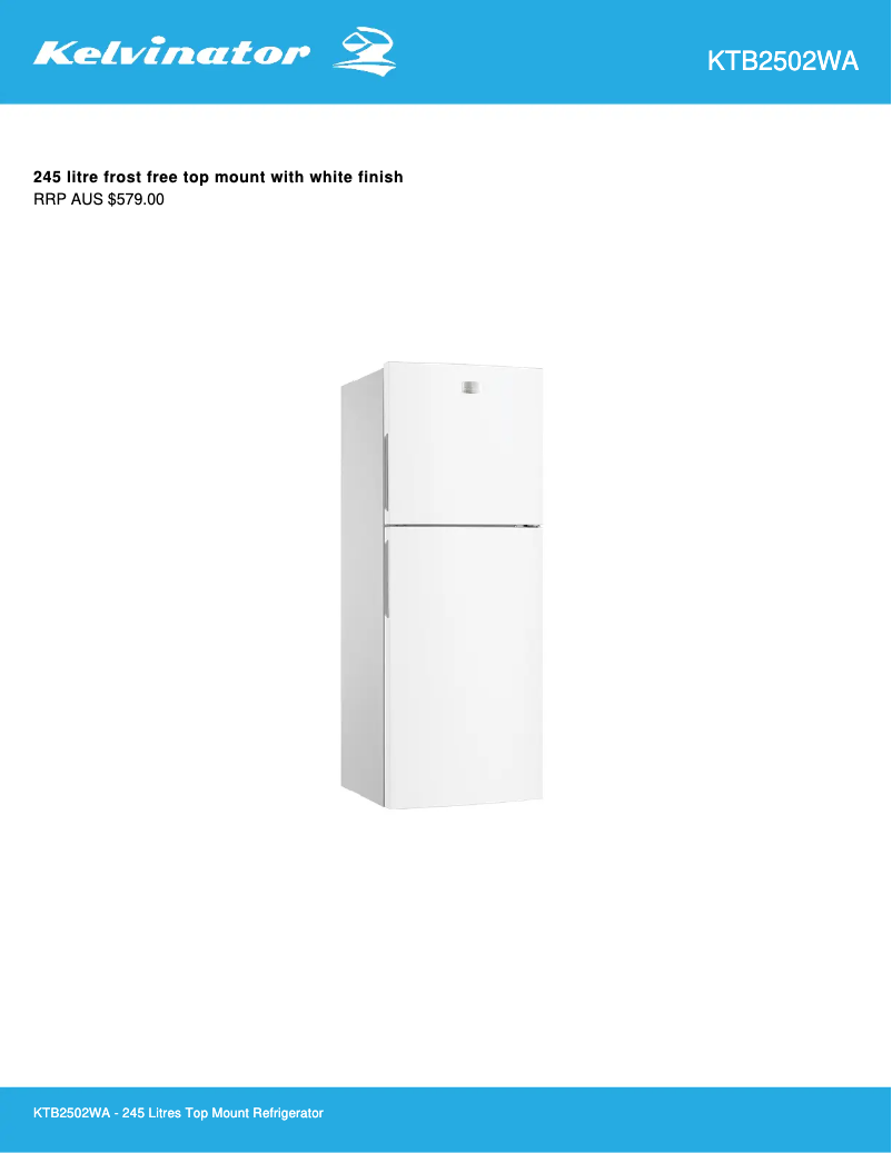 Page n°1 - Fiche technique Kelvinator KTB2502WA
