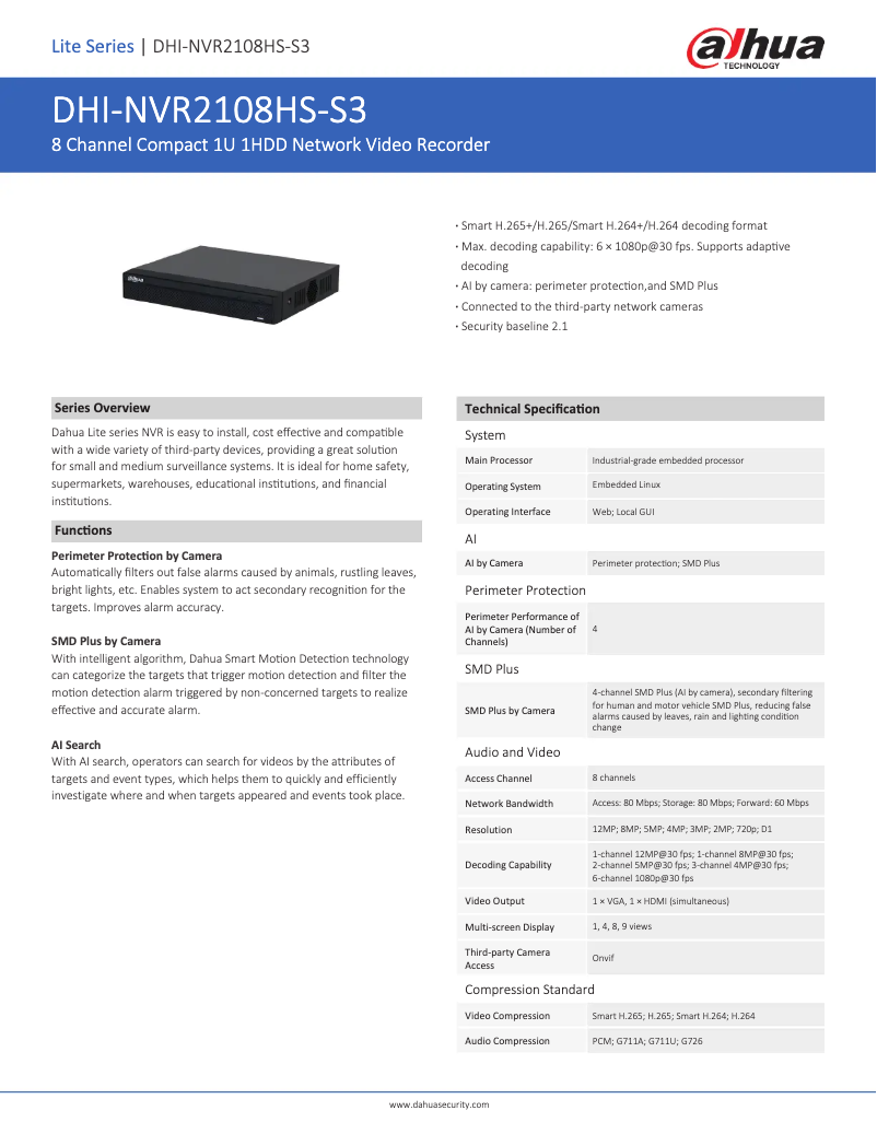 Página 1 del manual Ficha técnica Dahua Technology NVR2108HS-S3