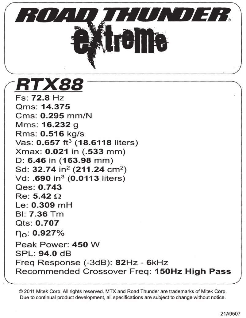 Page n°1 - Manuel utilisateur MTX Audio Road Thunder Extreme RTX88