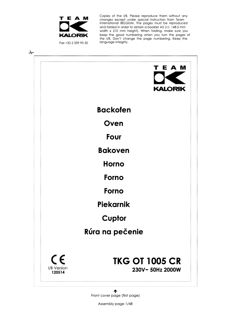 Page n°1 - Manuel utilisateur Kalorik TKG OT 1005 CR